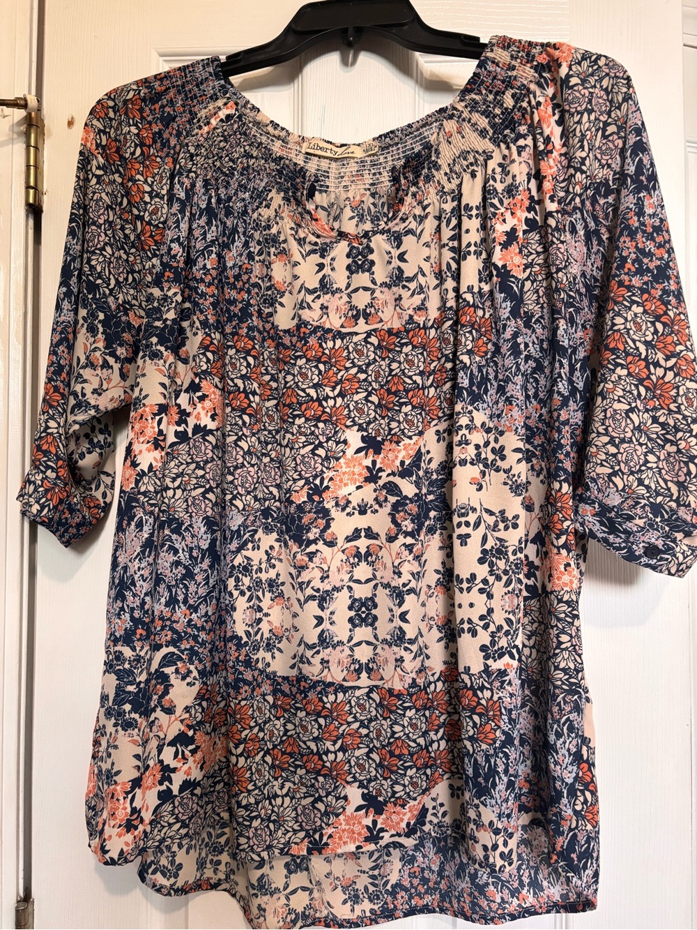 Liberty Love Navy and Peach Floral Peasant Blouse